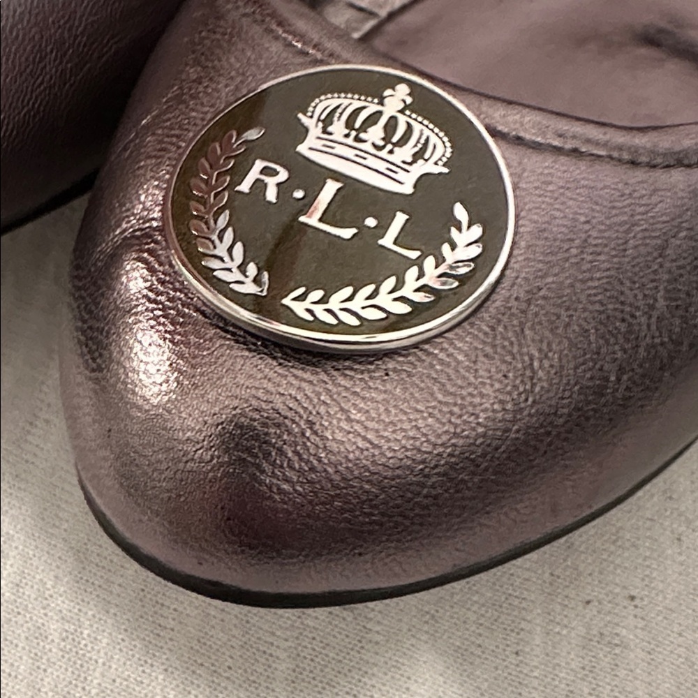 Lauren Ralph Lauren Shiny Pewter Metallic Ballet Flats with RL Logo Size 7.5 - Picture 2 of 14